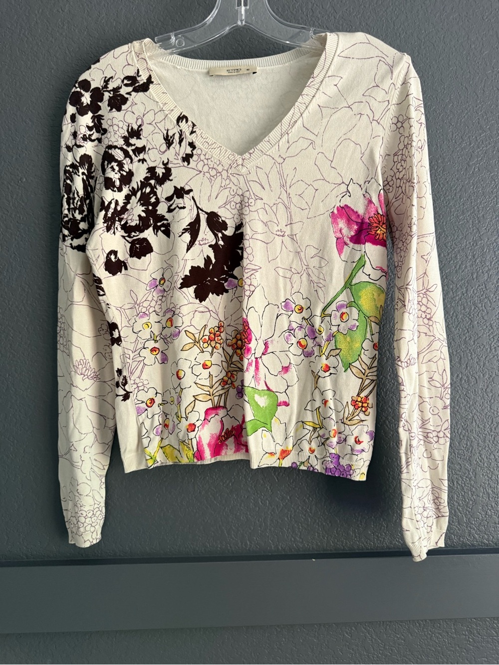 ETRO • Floral V-Neck Lightweight Sweater - Cream with Multicolor Print silk 42